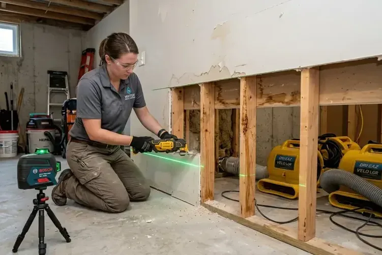 A laser level marking a flood cut line on a wall while air movers run