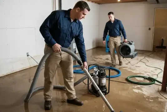 Two technicians extracting standing water from a finished lower room with a vacuum and air mover